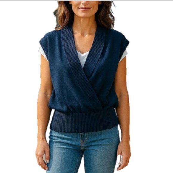 Faconnable Women’s Sweater Sz S Vest Cap Sleeves Crossover  Pullover Navy Blue - Picture 2 of 15